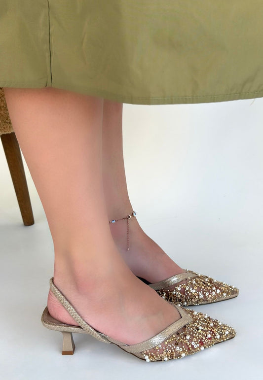 Toyi Bej Saten Topuklu Ayakkabı