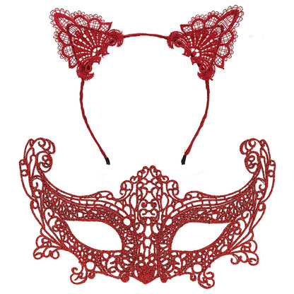 Romantik Kırmızı Dantel Maske Seti – Kedi Kulaklı Taç ve Maske 3 No