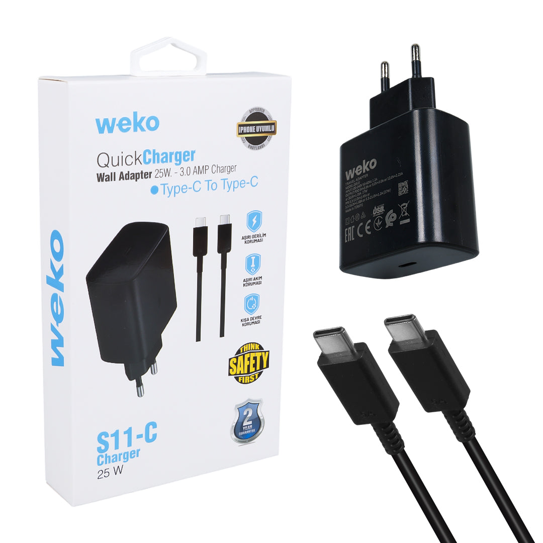 S11-C 25 WATT SİYAH ŞARJ BAŞLIK ADAPTÖRÜ + TYPE-C TO TYPE-C KABLO