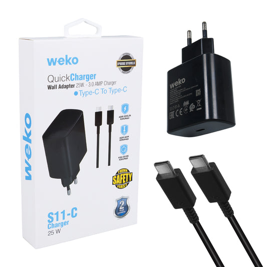 S11-C 25 WATT SİYAH ŞARJ BAŞLIK ADAPTÖRÜ + TYPE-C TO TYPE-C KABLO