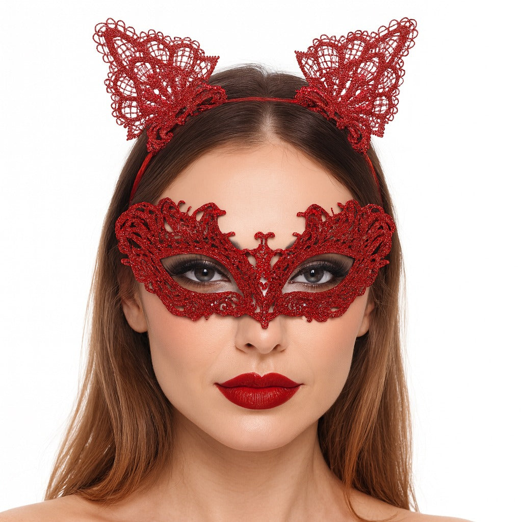 Şık Kırmızı Dantel Maske ve Taç Seti 5 No – Maskeli Balo &amp;amp;amp; Özel Etkinlikler