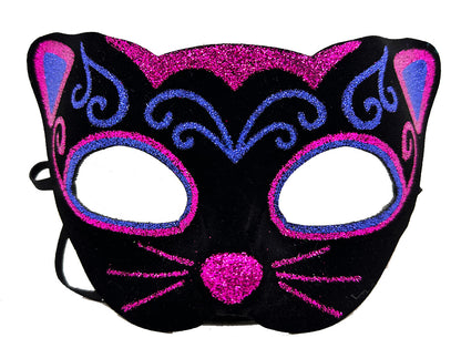 Siyah Kadife Kaplama Üzeri Pembe Mavi Sim İşlemeli Kedi Maskesi 20x13 cm