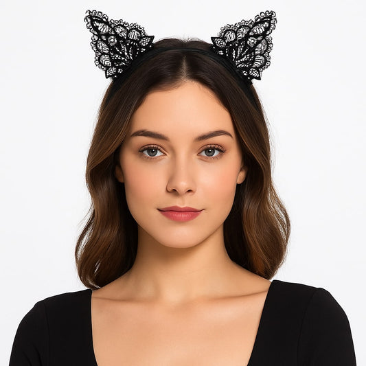 Siyah Kedi Dantel Taç + Eldiven Seti – Parti, Dans ve Kostüm Kombini