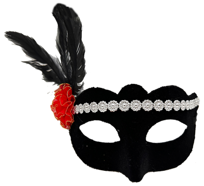 Siyah Renk Süet Kaplama Gümüş Dantelli Kırmızı Gül Tasarımlı Parti Maskesi 18x20 cm