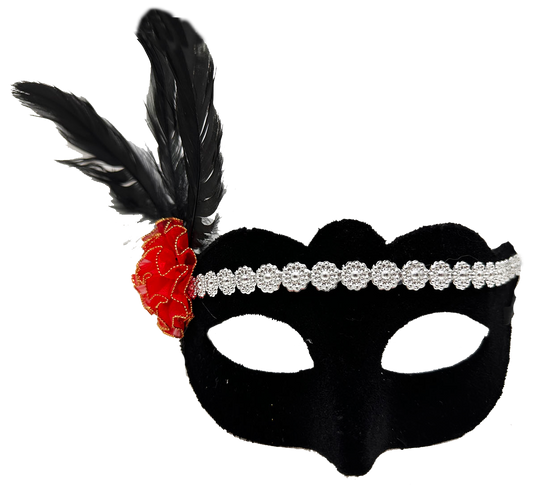 Siyah Renk Süet Kaplama Gümüş Dantelli Kırmızı Gül Tasarımlı Parti Maskesi 18x20 cm