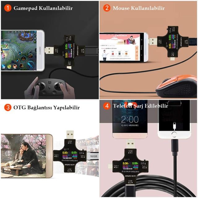 USB Tester Voltmetre Ampermetre Akım Göstergesi Multimetre Test Cihazı OTG Destekli