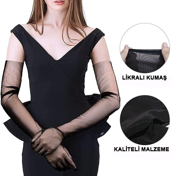 Uzun Boy Likralı Siyah Renk Yetişkin Mega Tül Eldiven 53 cm