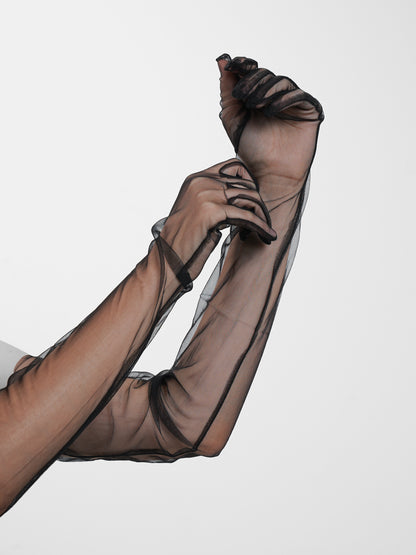 Uzun Boy Likralı Siyah Renk Yetişkin Mega Tül Eldiven 53 cm