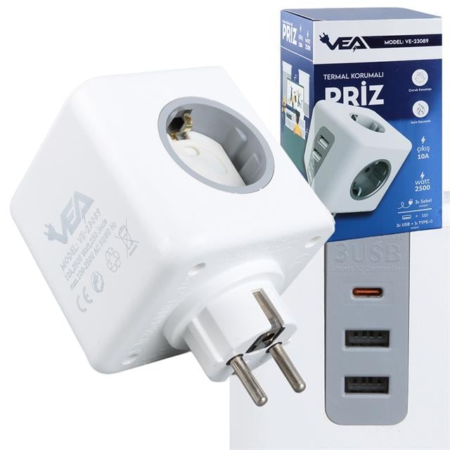 VEA VE-23089 2x USB 1x Type-C 3&amp;apos;lü Çocuk Ve Termal Korumalı Grup Priz