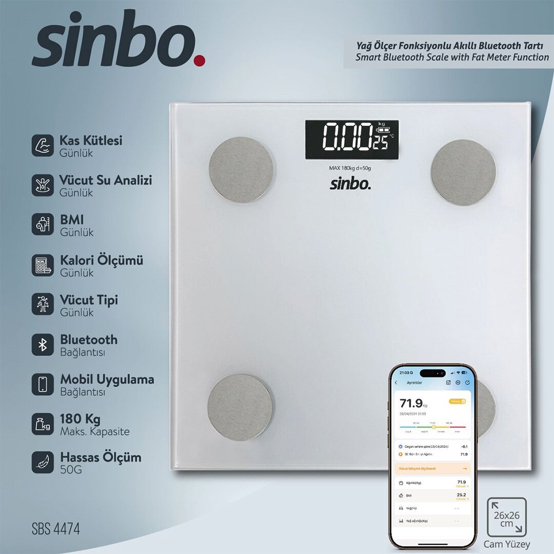 YAĞ ÖLÇER AKILLI BLUETOOTH CAM BASKÜL PİLLİ 180KG/50GR 26X26CM 8-KİŞİ HAFIZA LCD EKRAN SBS-4474