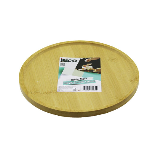 YUVARLAK=24.5CM AYAKLI=4CM KENARLI YÜZEY AHŞAP BAMBU SUNUM TEPSİSİ - MİNİ SOFRA
